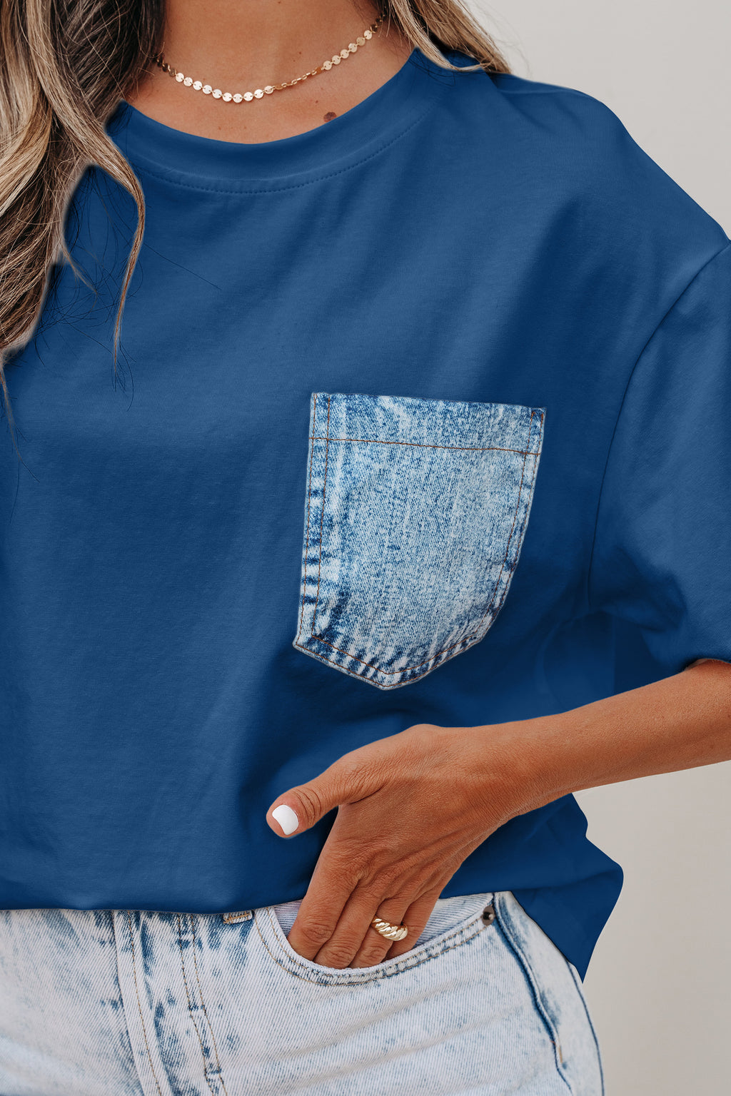 Sail Blue Color Block Chest Pocket Patched Casual Short Sleeve Top