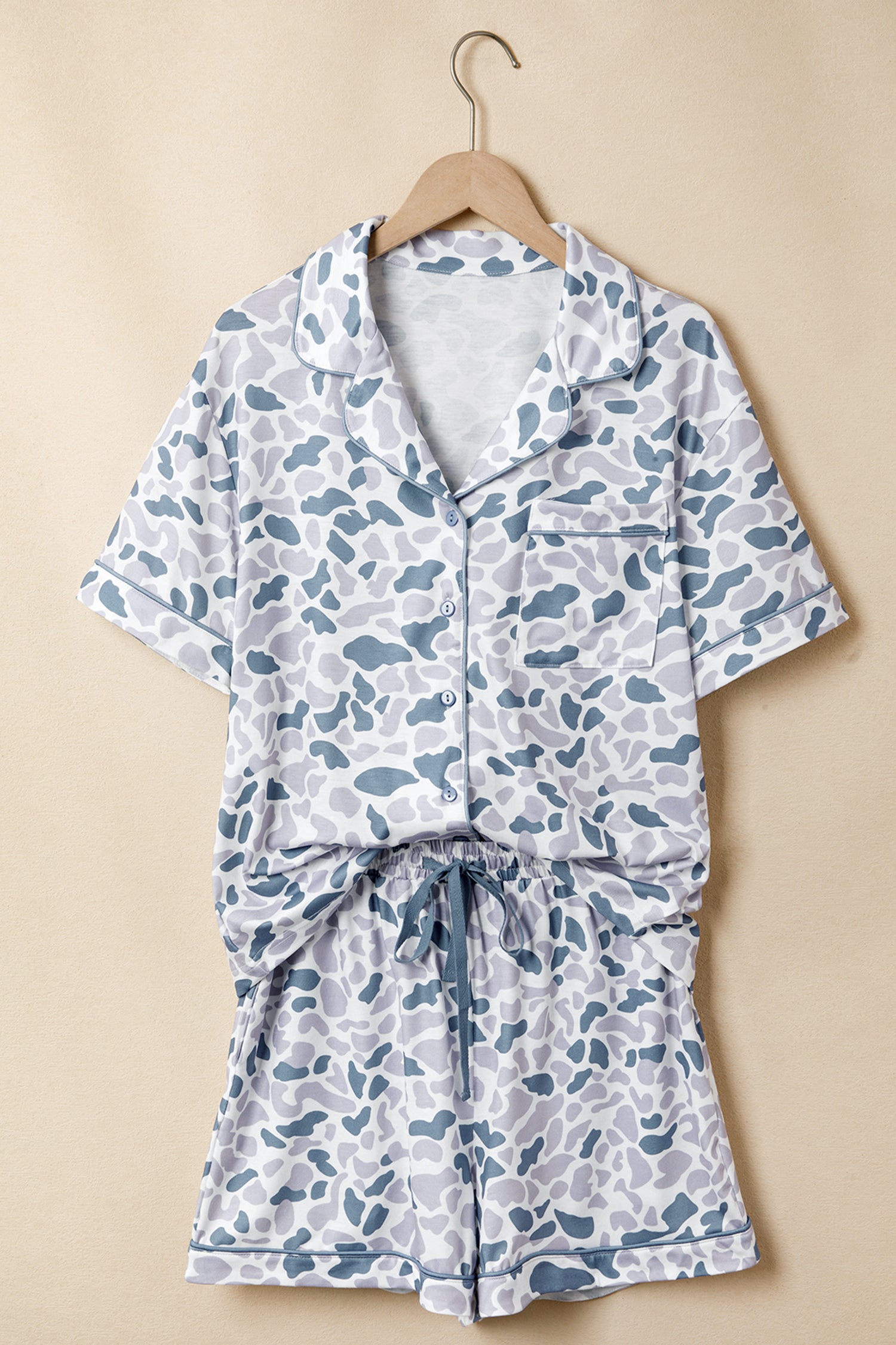 Beige Camouflage Print Lapel Shirt Drawstring 2pcs Short Pajama Set