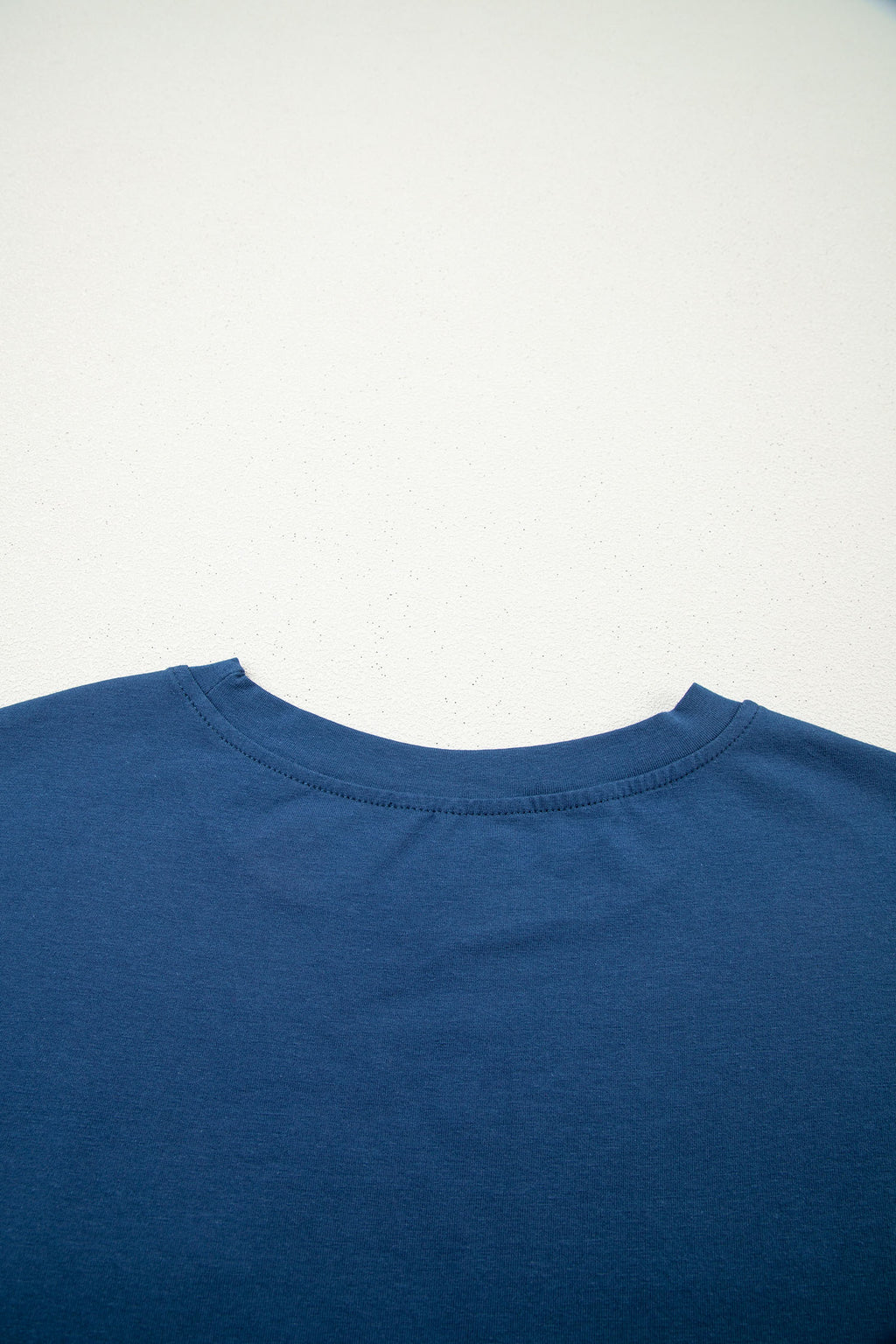 Sail Blue Color Block Chest Pocket Patched Casual Short Sleeve Top