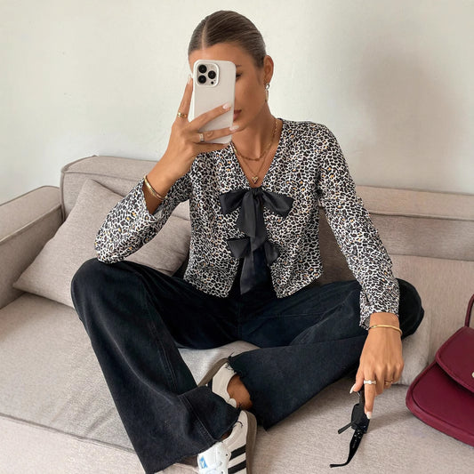 European And American Long Sleeve Leopard Print Cardigan Fashion Design Blouse