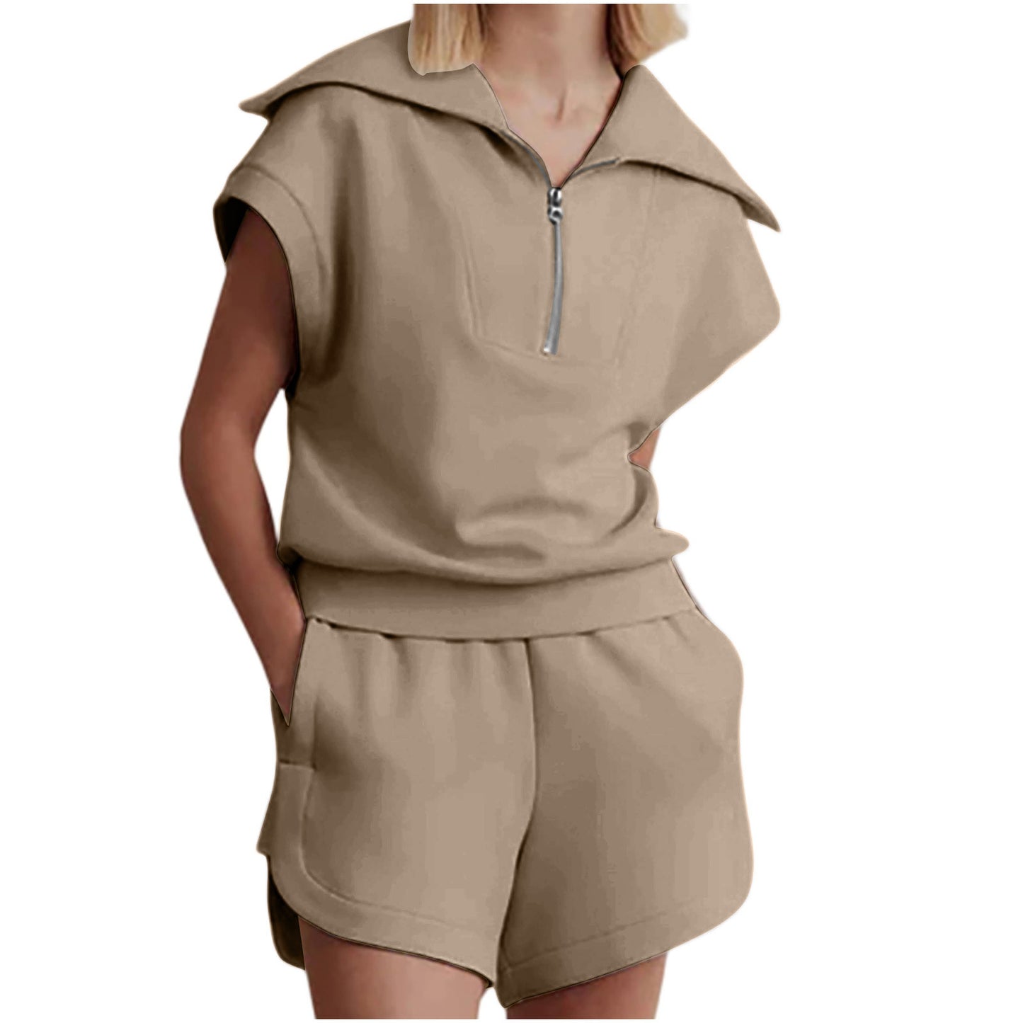 Women's Casual Solid Color Half Zipper And Lapel Top Sweatshirt Shorts Sportswear Suit