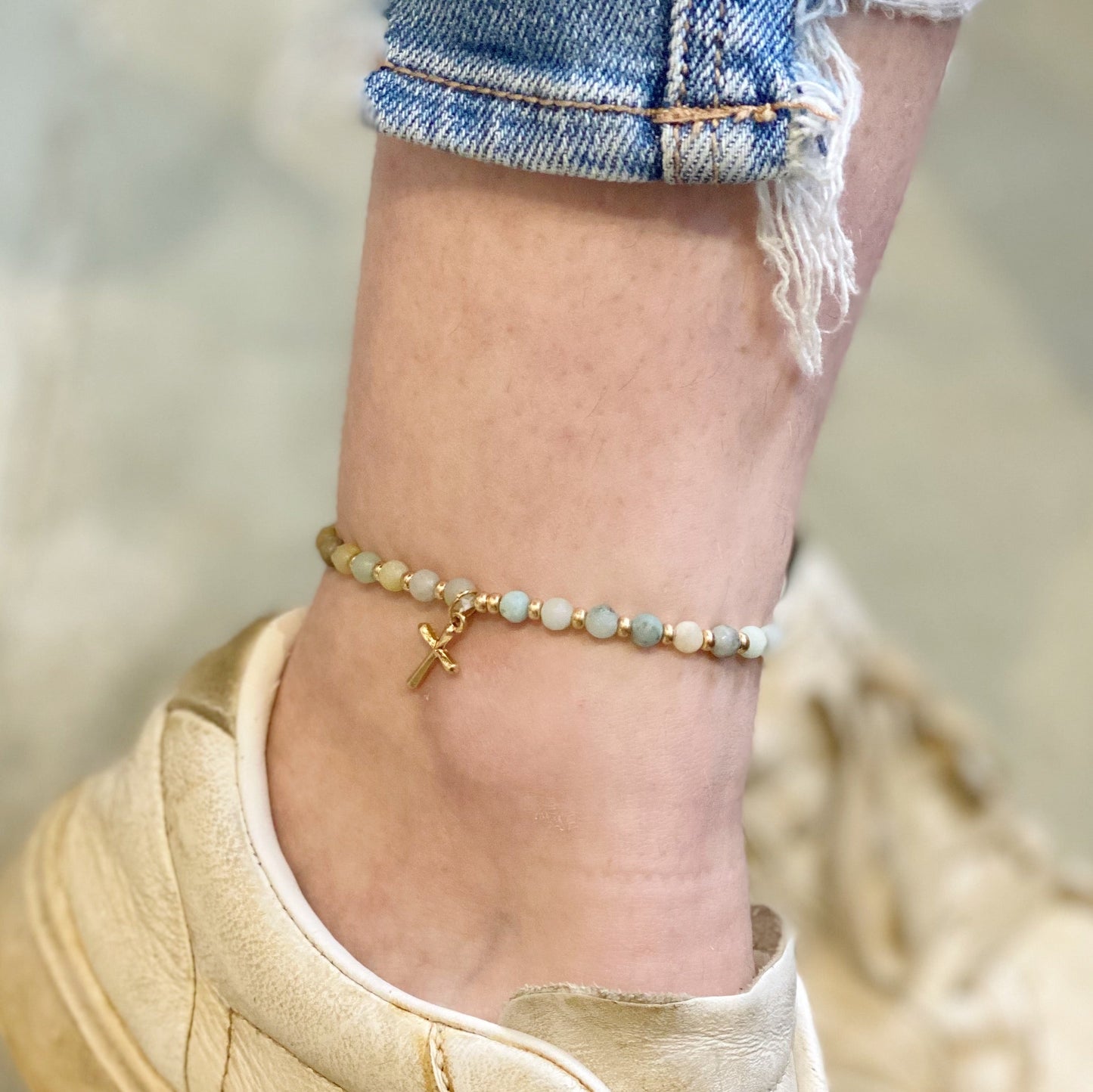 Stone Bead Cross Anklet by Ellisonyoung.com