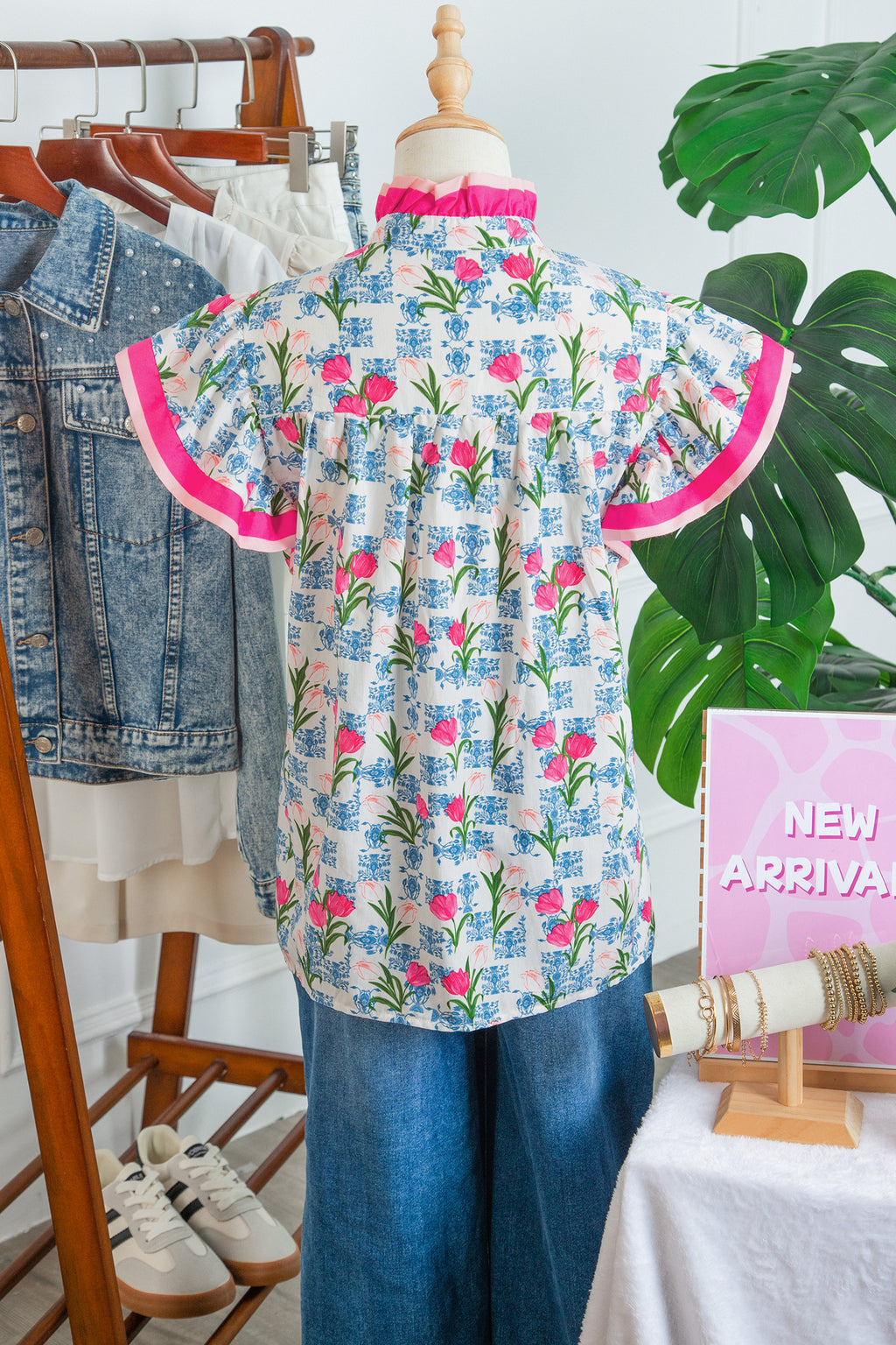 Rose Floral Print Color Block Striped Trim Flutter Sleeve Half Button Blouse
