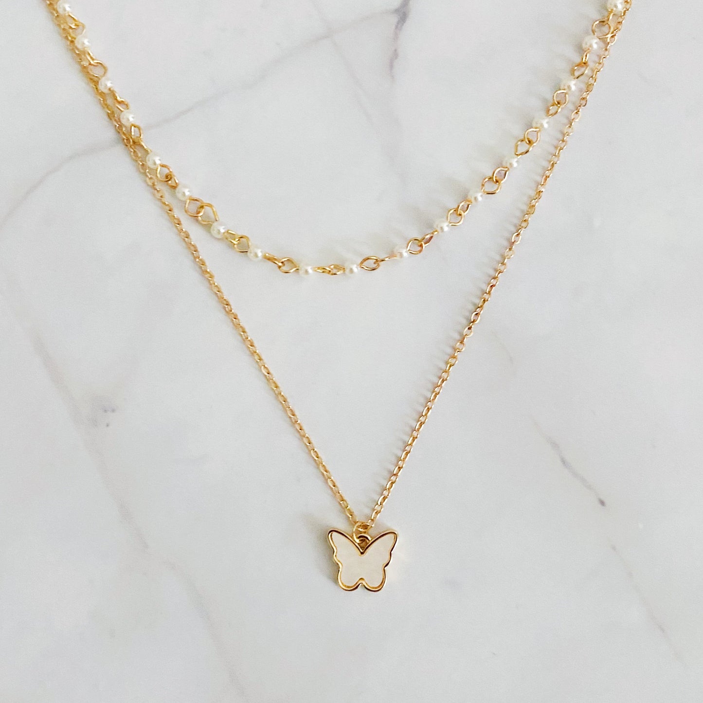 Layered Pearl Chain Butterfly Necklace by Ellisonyoung.com