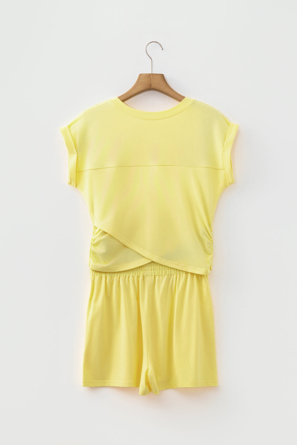 Yellow Cream Solid Short Sleeve Elastic Waist Pocket Casual Two Piece Short Set