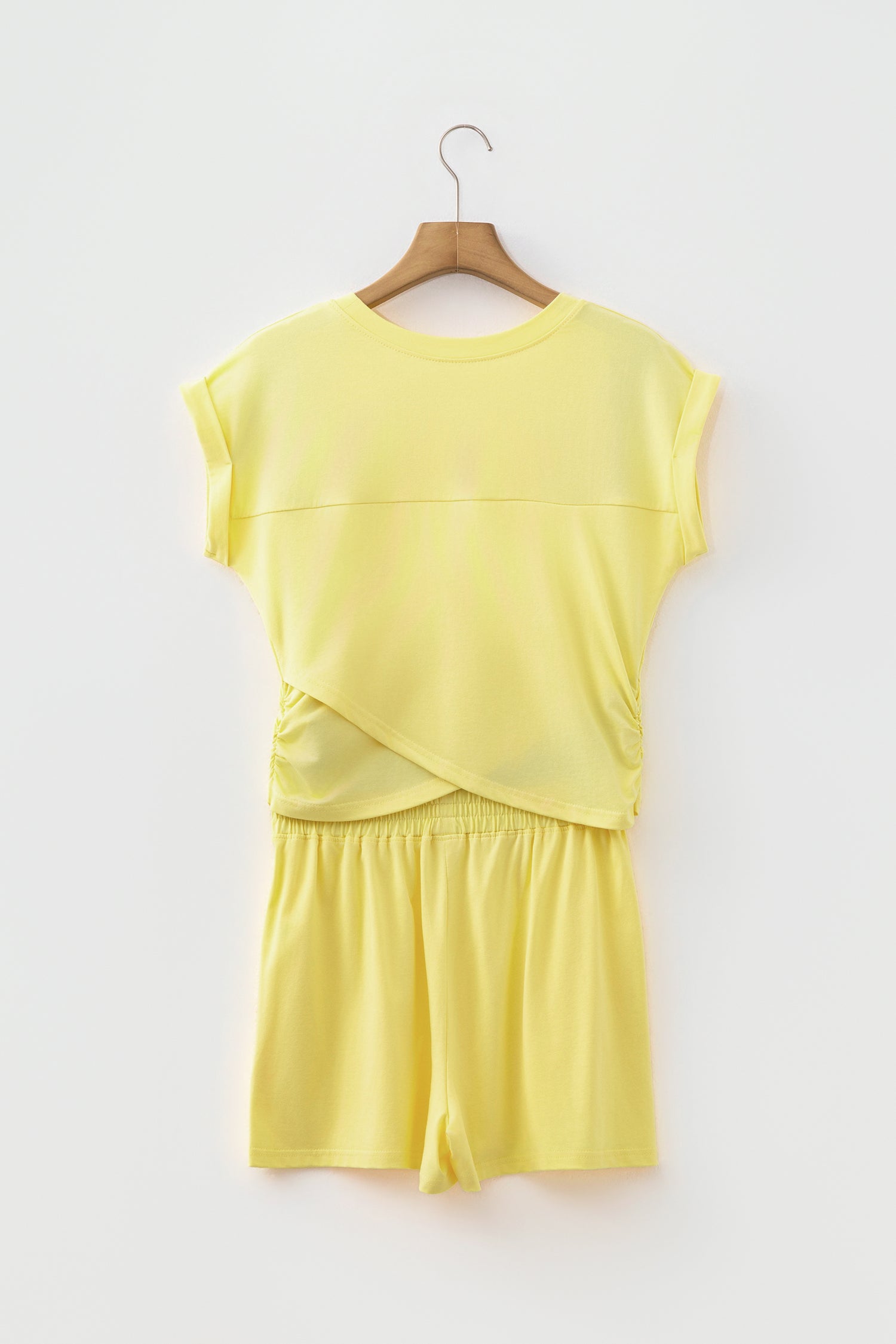 Yellow Cream Solid Short Sleeve Elastic Waist Pocket Casual Two Piece Short Set