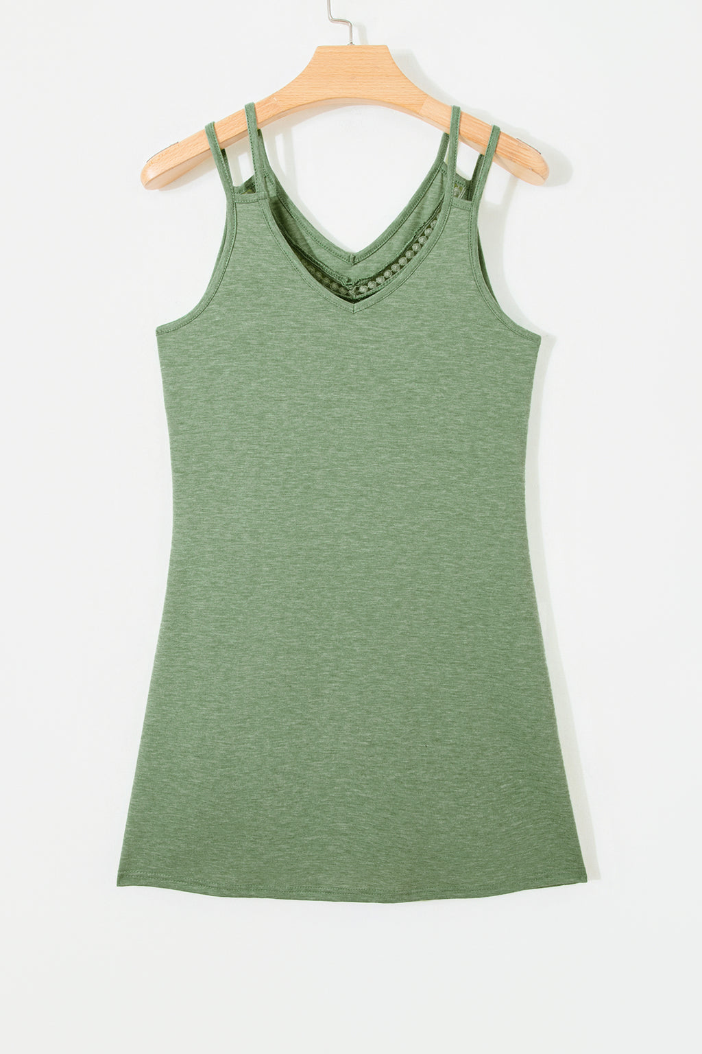 Grass Green Solid Color Lace Detail V Neck Sleeveless Shift Mini Dress