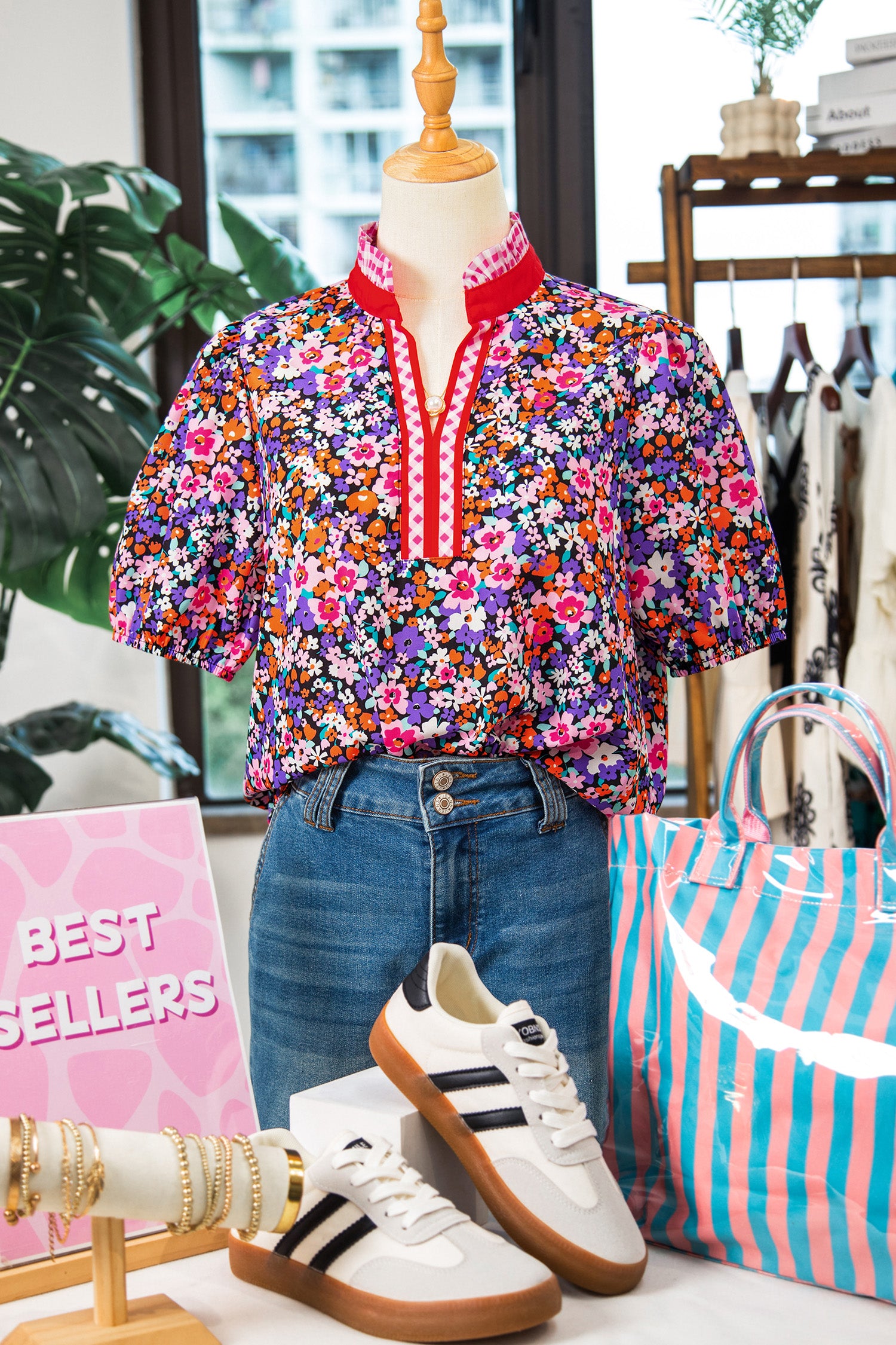 Purple Ditsy Floral Print Plaid Colorblock Trim V Neck Blouse