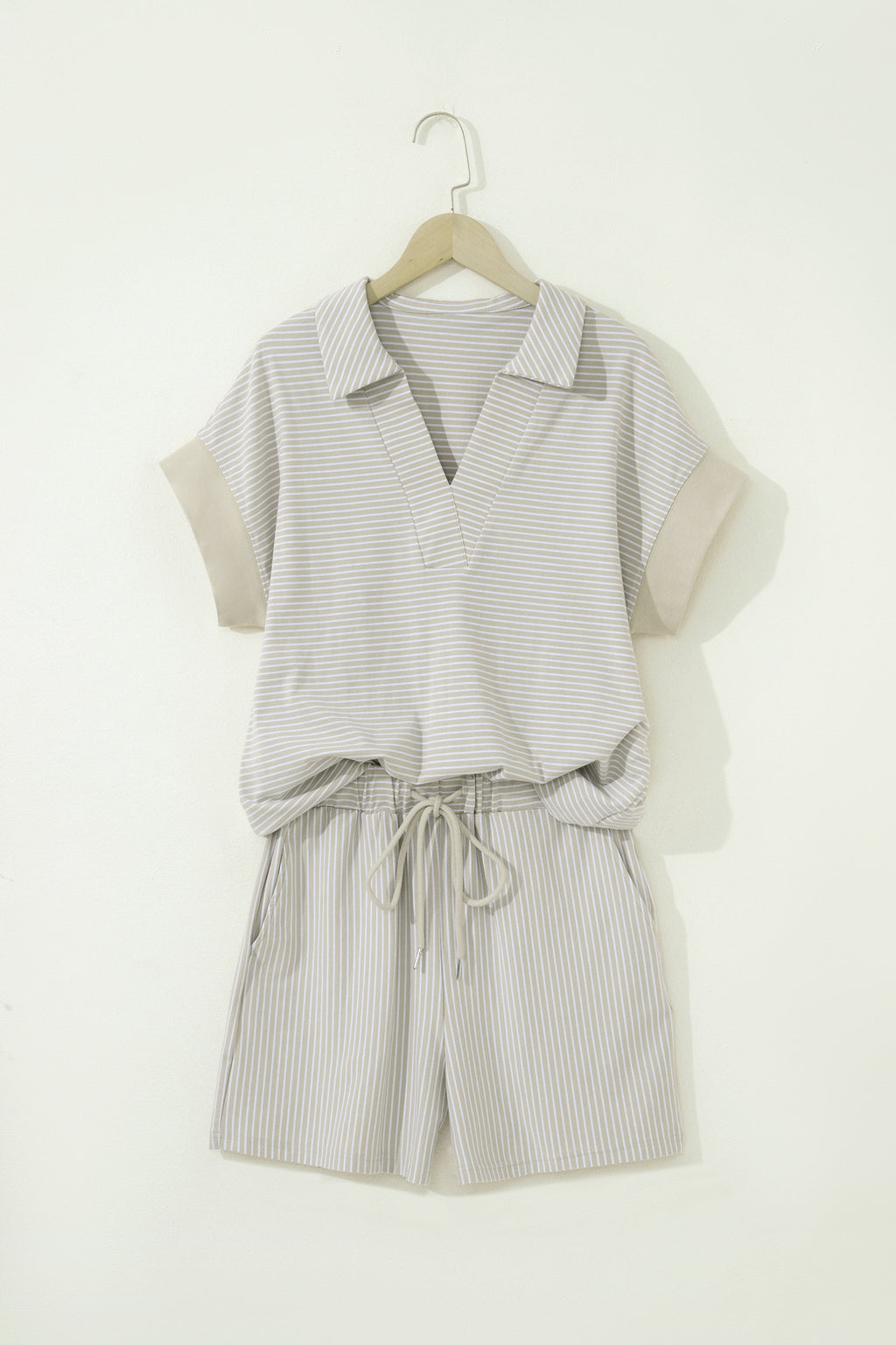 Khaki Stripe Dolman Sleeve Polo Shirt and Drawstring Shorts Set