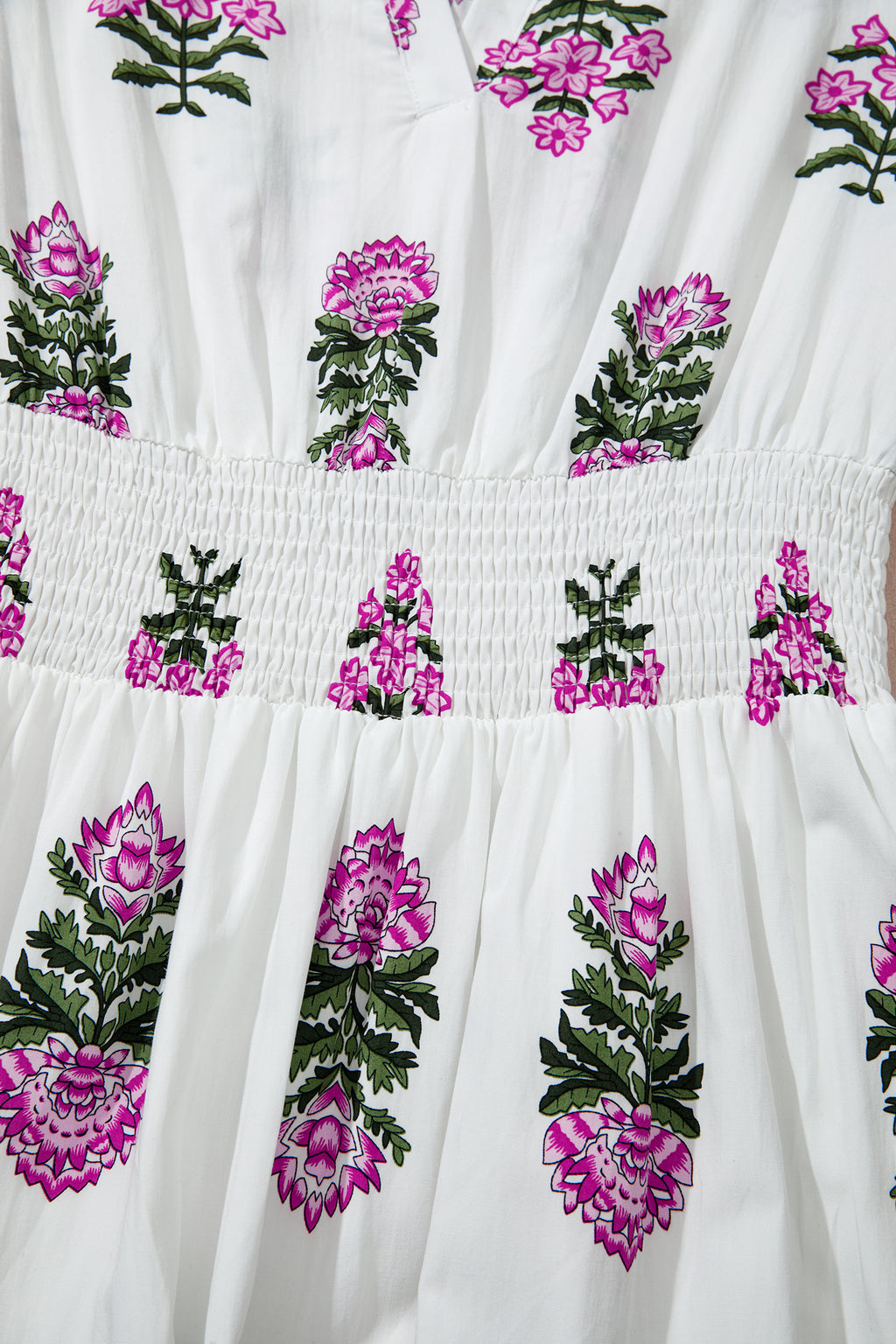 White Floral Print Split Neck Shirred High Waist Ruffle Hem Maxi Dress