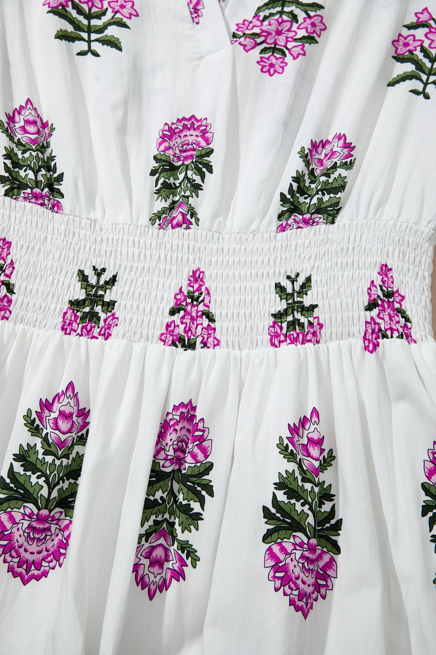 White Floral Print Split Neck Shirred High Waist Ruffle Hem Maxi Dress