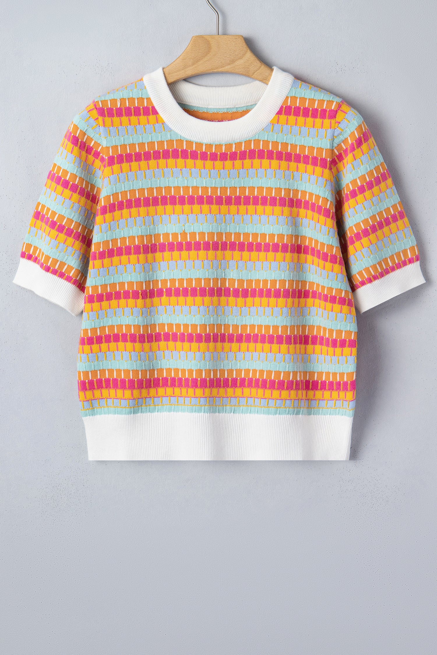 Orange Abstract Striped Knit Short Sleeve Sweater