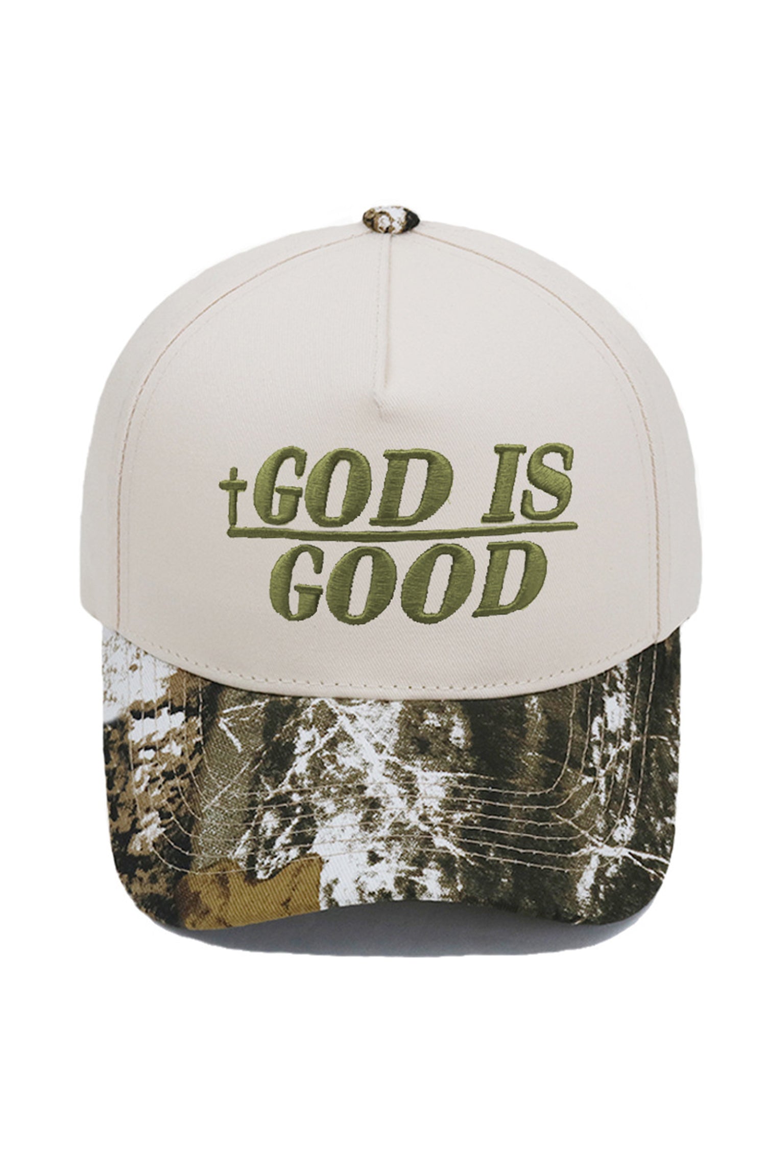 Spinach Green GOD IS GOOD Embroidered Camo Contrast Baseball Cap
