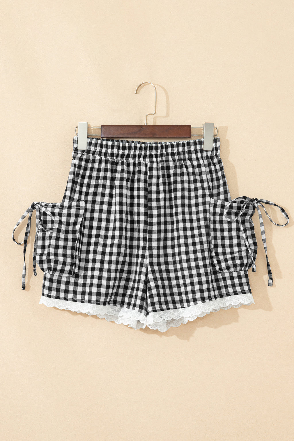 Black Gingham Lace Trim Shorts with Pouch Pockets