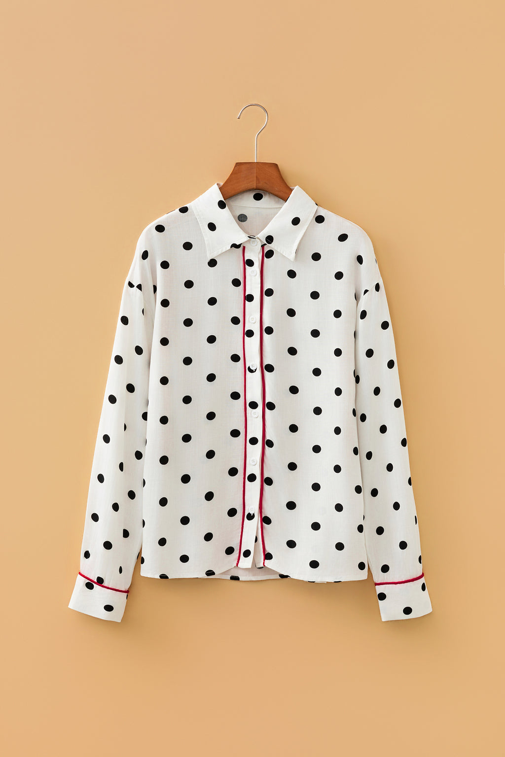 White Polka Dot Print Contrast Piping Elegant Shirt