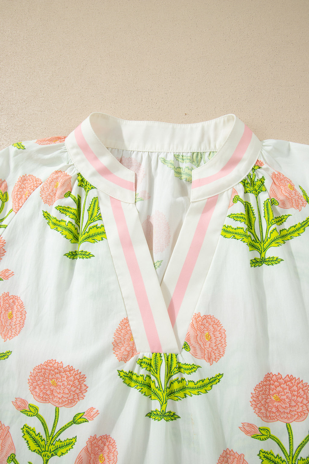 Pink Plus Size Floral Print Striped Trim V Neck Blouse