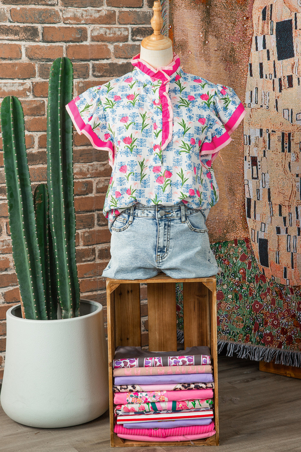 Rose Floral Print Color Block Striped Trim Flutter Sleeve Half Button Blouse