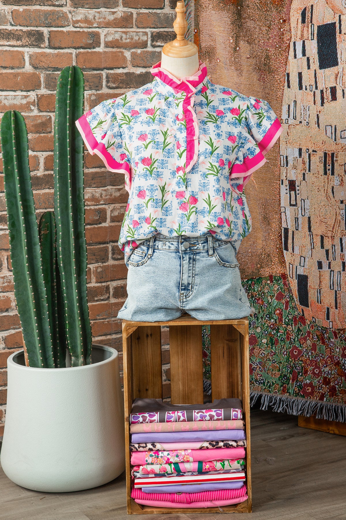 Rose Floral Print Color Block Striped Trim Flutter Sleeve Half Button Blouse
