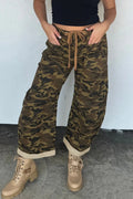 Multicolour Camouflage Print Retro Grommet Tie Waist Loose Jeans