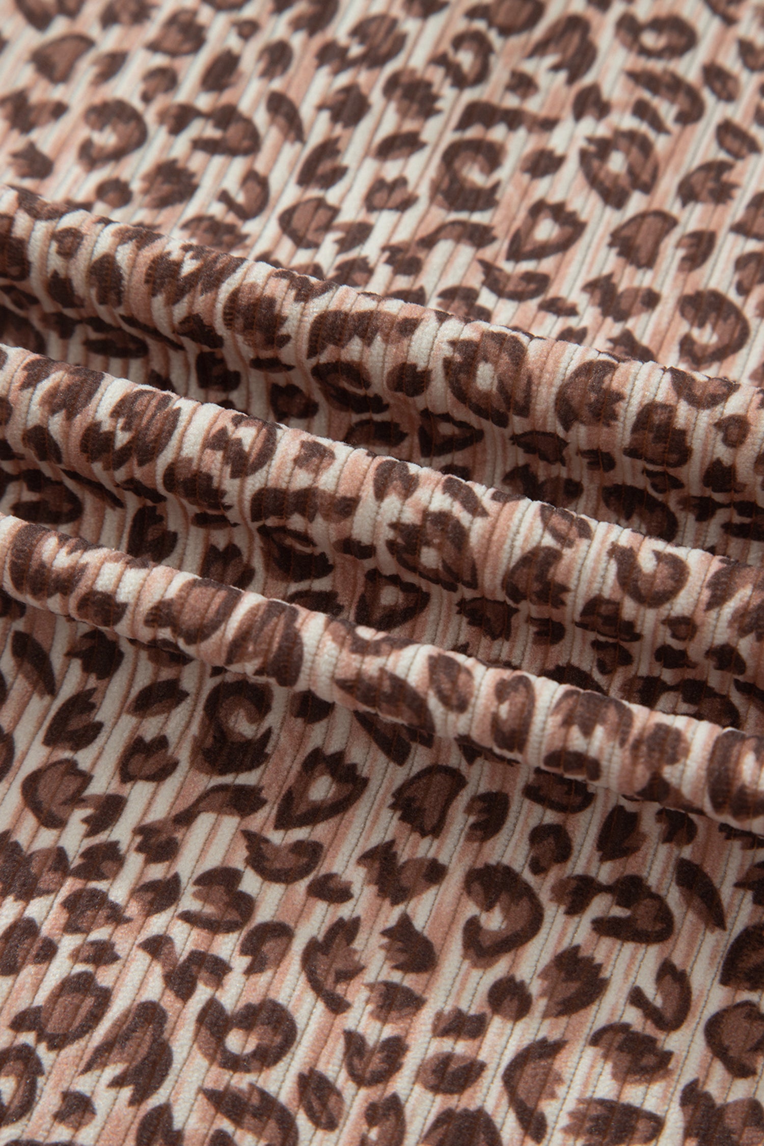 Brown Leopard Print Ribbed Patchwork Half Button Loose Tee Elastic Waist Short 2pcs Set