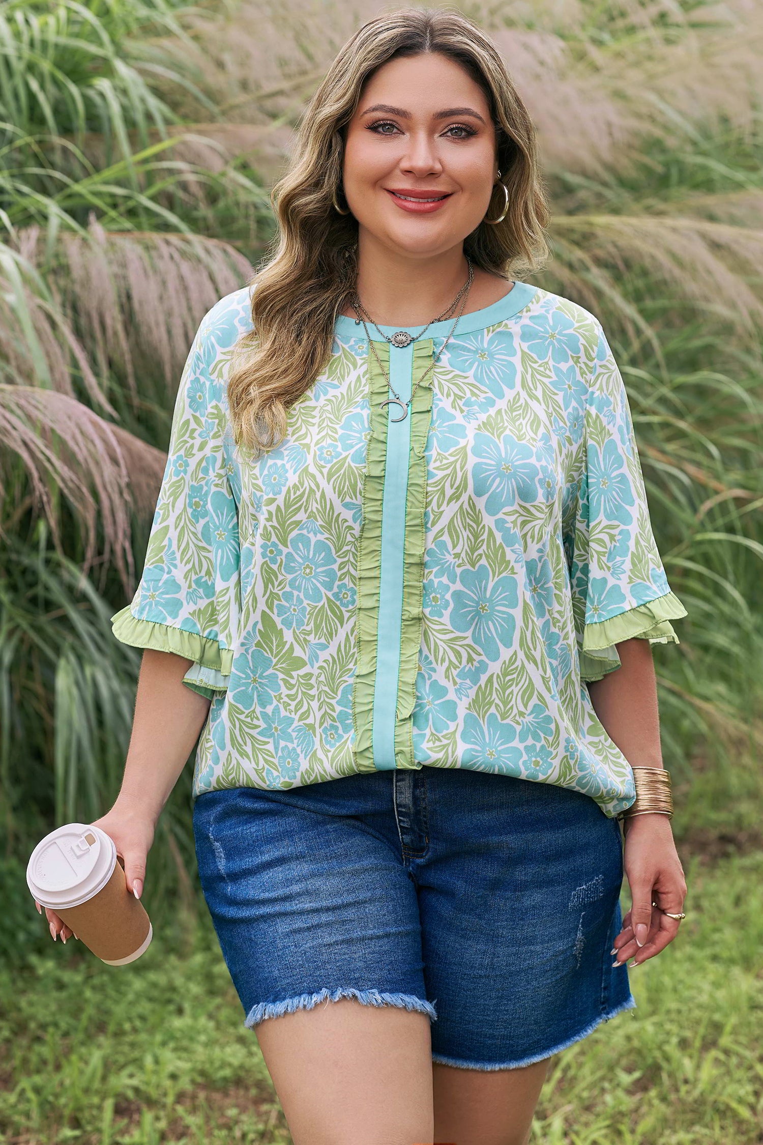 Sky Blue Plus Size Floral Print Frilled Color Block Trim Short Sleeve Blouse