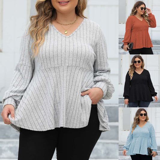Doll Shirt V-neck Hollow Striped Polar Fleece Lantern Sleeve Bottoming Shirt