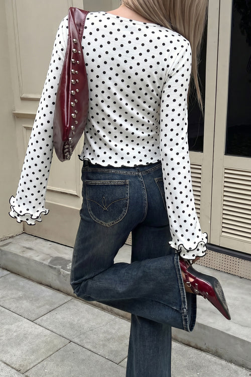 Black Polka Dot Print Lettuce Trim Long Sleeve Top