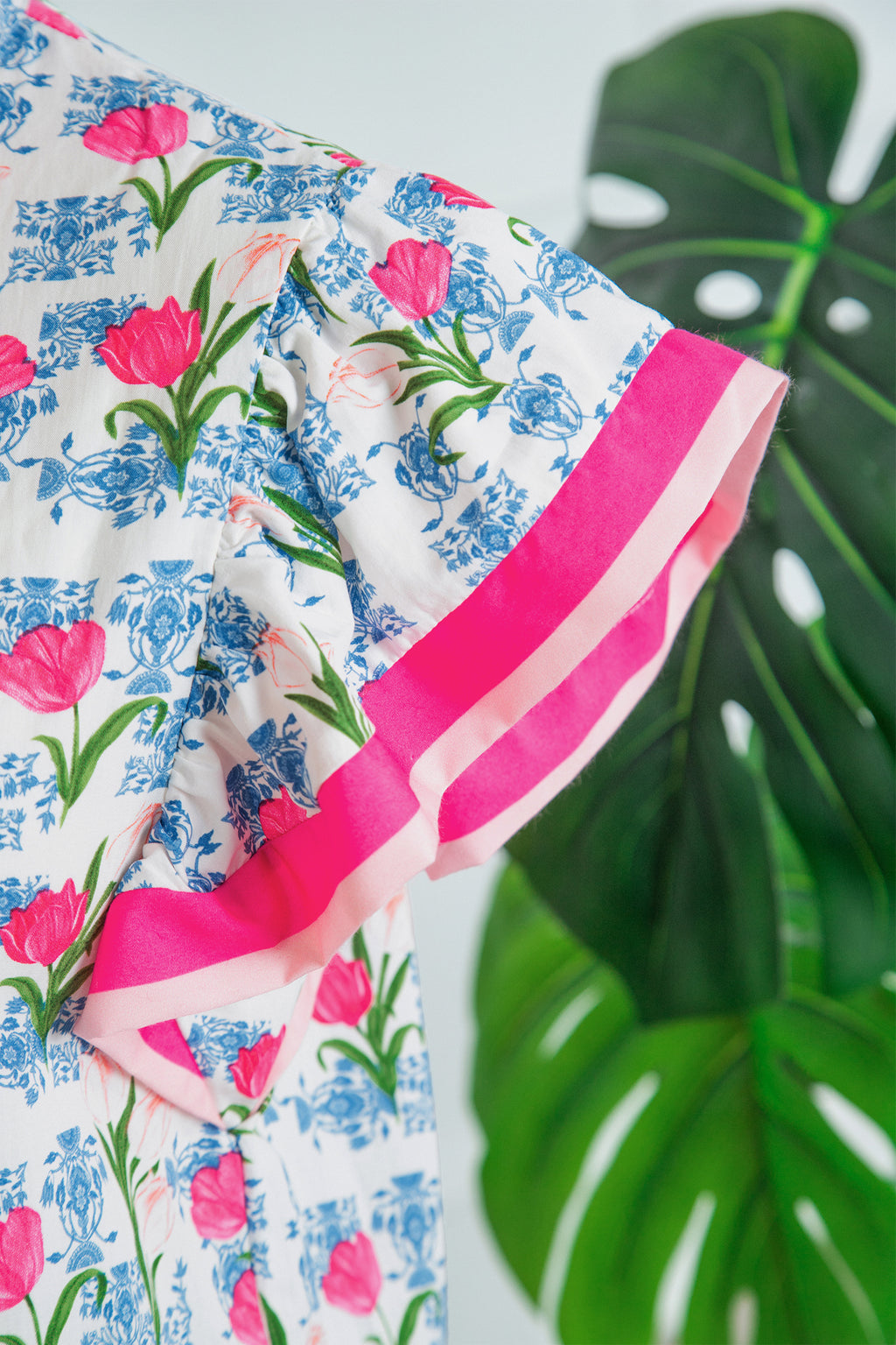 Rose Floral Print Color Block Striped Trim Flutter Sleeve Half Button Blouse
