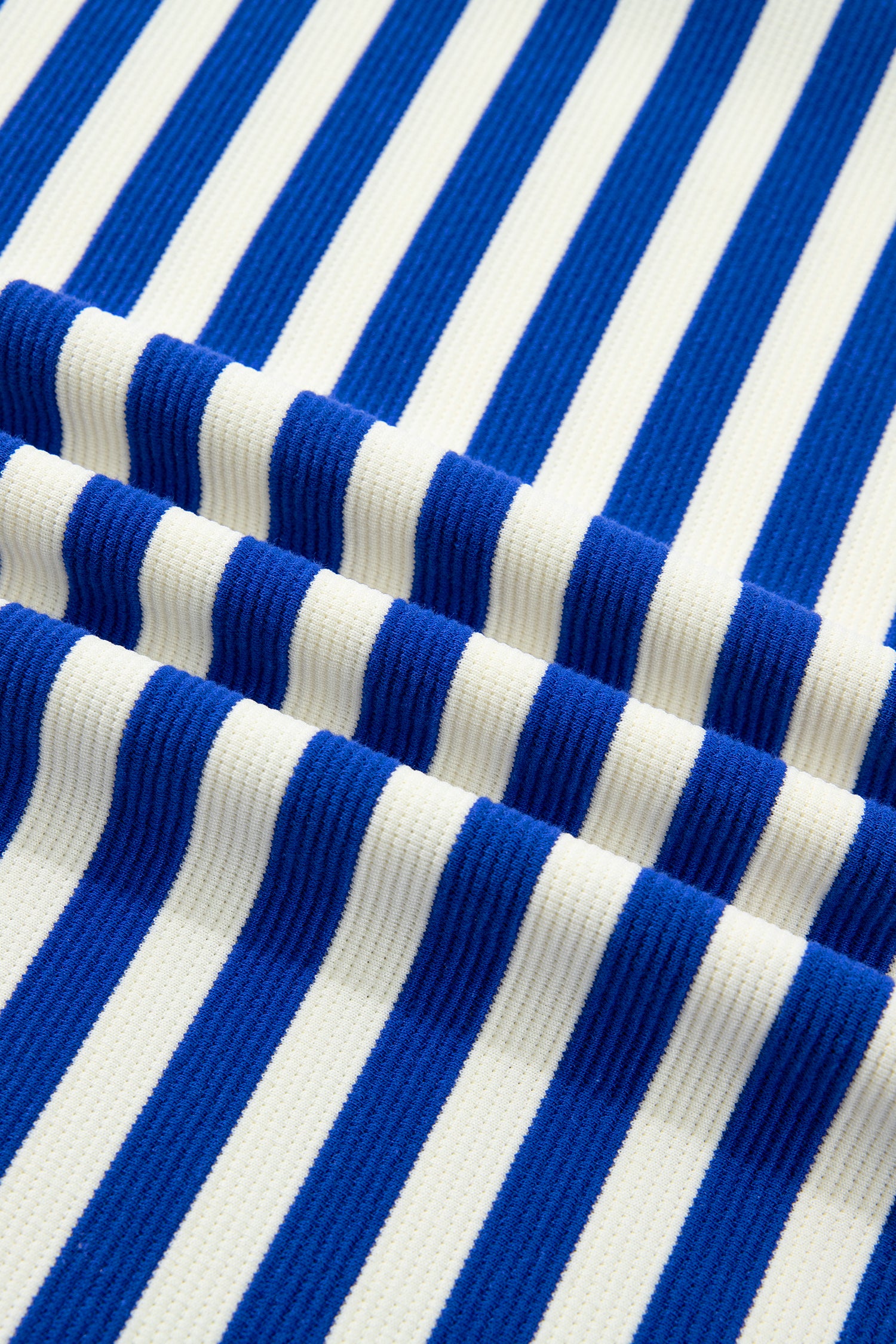 Blue Stripe Contrast Trim Polo Collar Ruffled Short Sleeve Blouse