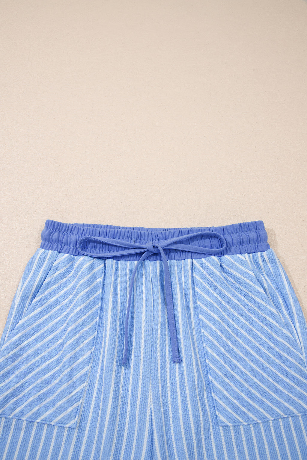 Sky Blue Stripe Crew Neck Tee Drawstring Waist Cropped Pants Set