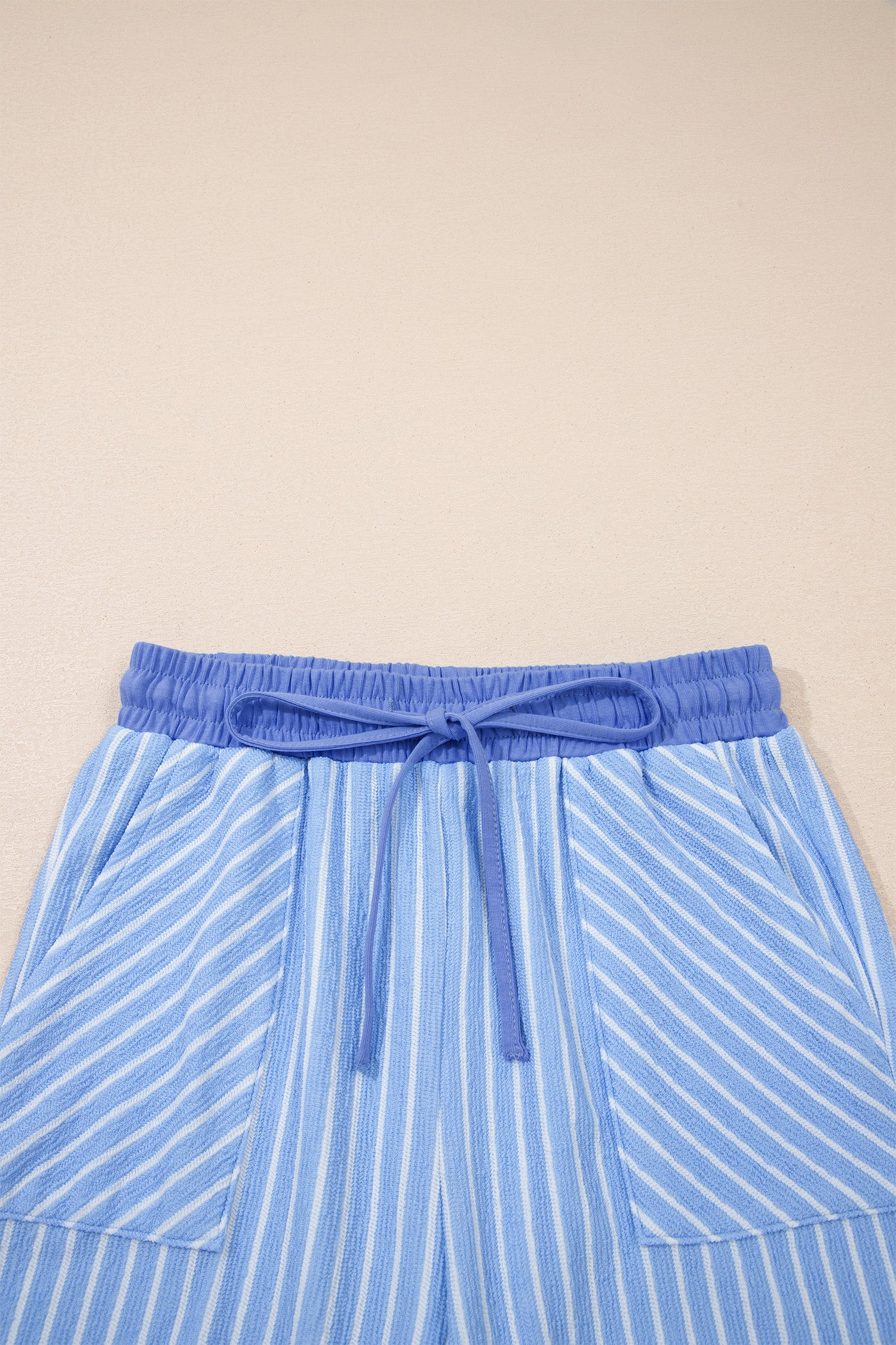 Sky Blue Stripe Crew Neck Tee Drawstring Waist Cropped Pants Set