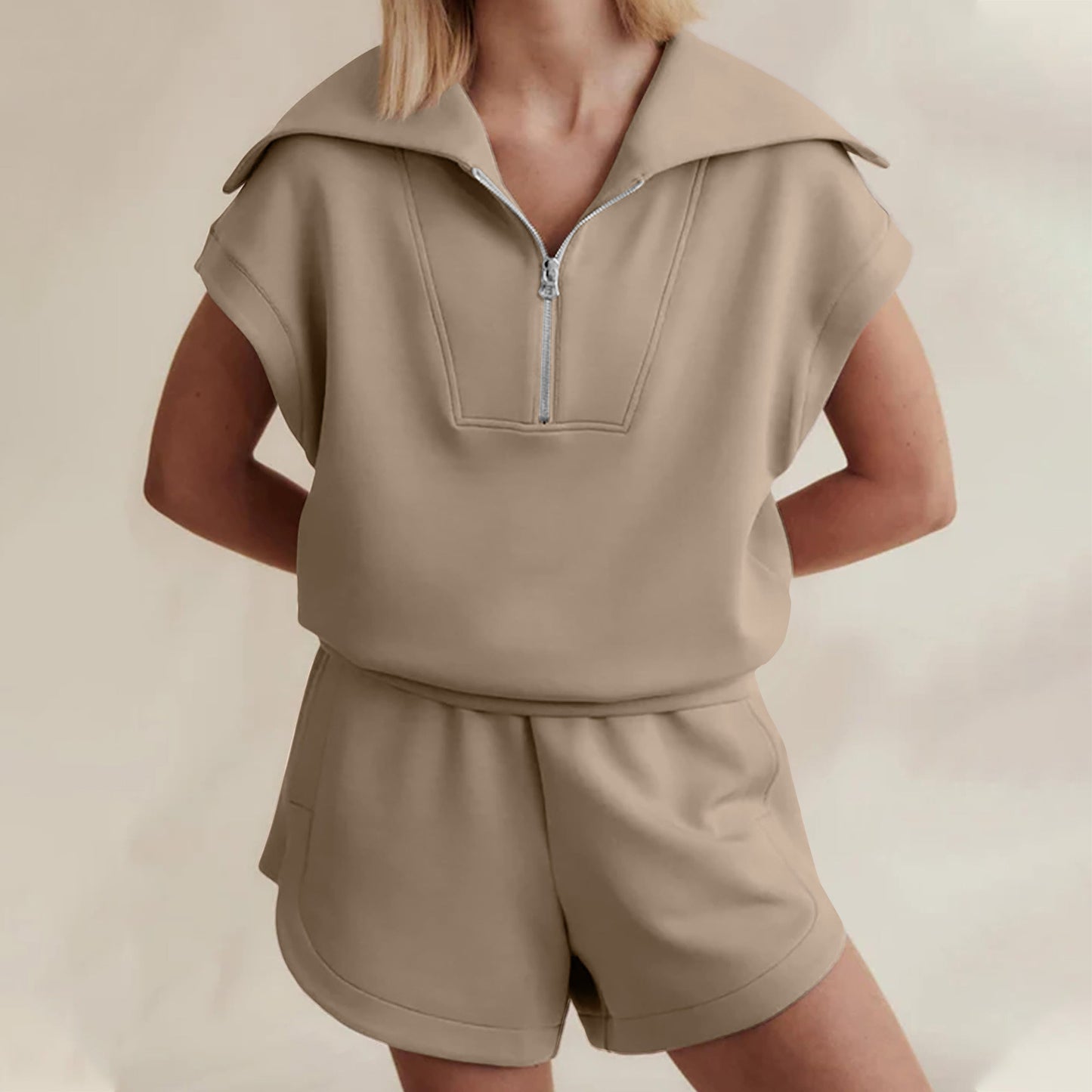 Women's Casual Solid Color Half Zipper And Lapel Top Sweatshirt Shorts Sportswear Suit