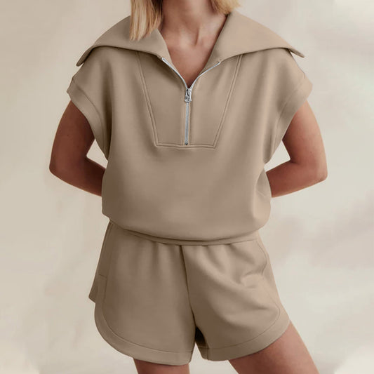 Women's Casual Solid Color Half Zipper And Lapel Top Sweatshirt Shorts Sportswear Suit