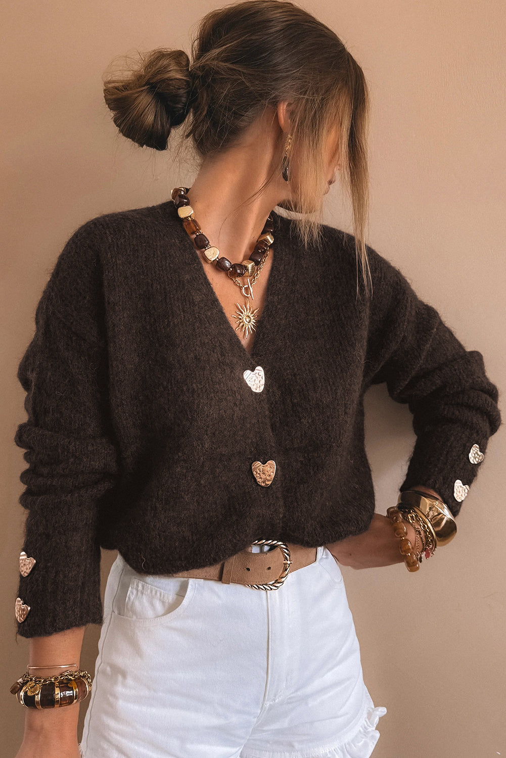 Chicory Coffee Heart Metal Button V Neck Cardigan Sweater