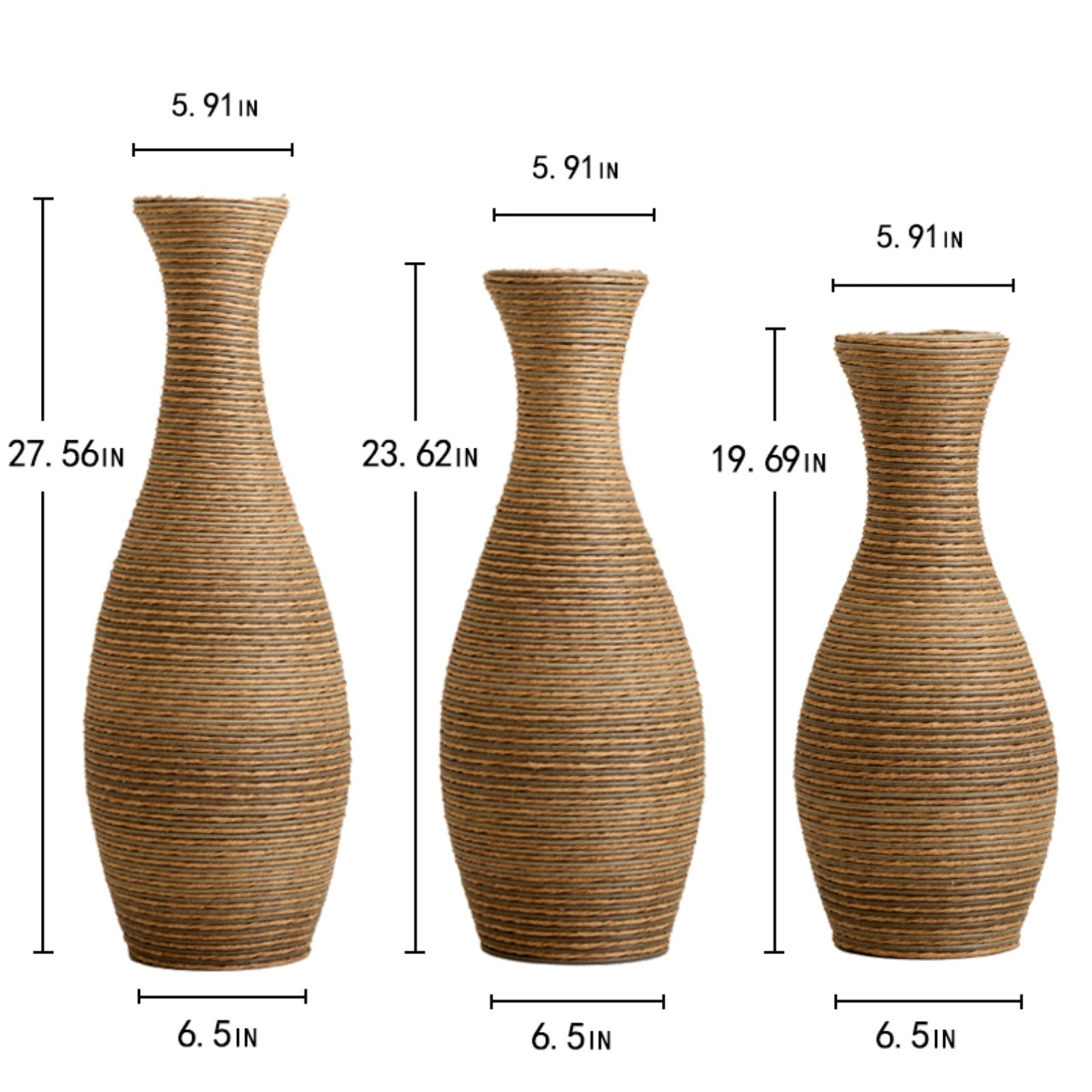 3-Piece Artificial Rattan Floor Vase Set – Decorative Accent for Living Room, Hallway & Entryway, Ideal for Dried or Silk Flower Arrangements, Beige