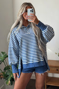 Blue Stripe Color Block Trim Raw Seam Split Hem Loose Pullover Sweatshirt