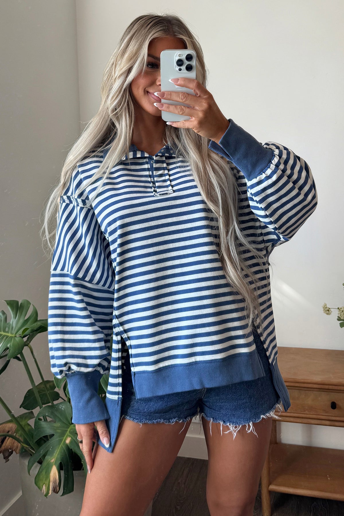 Blue Stripe Color Block Trim Raw Seam Split Hem Loose Pullover Sweatshirt