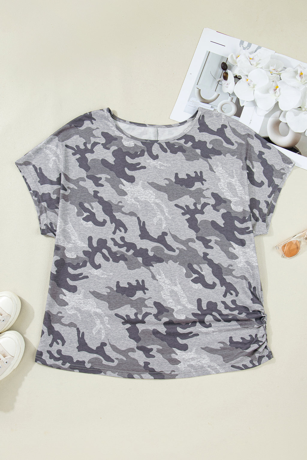 Gray Plus Size Camo Print Casual T Shirt