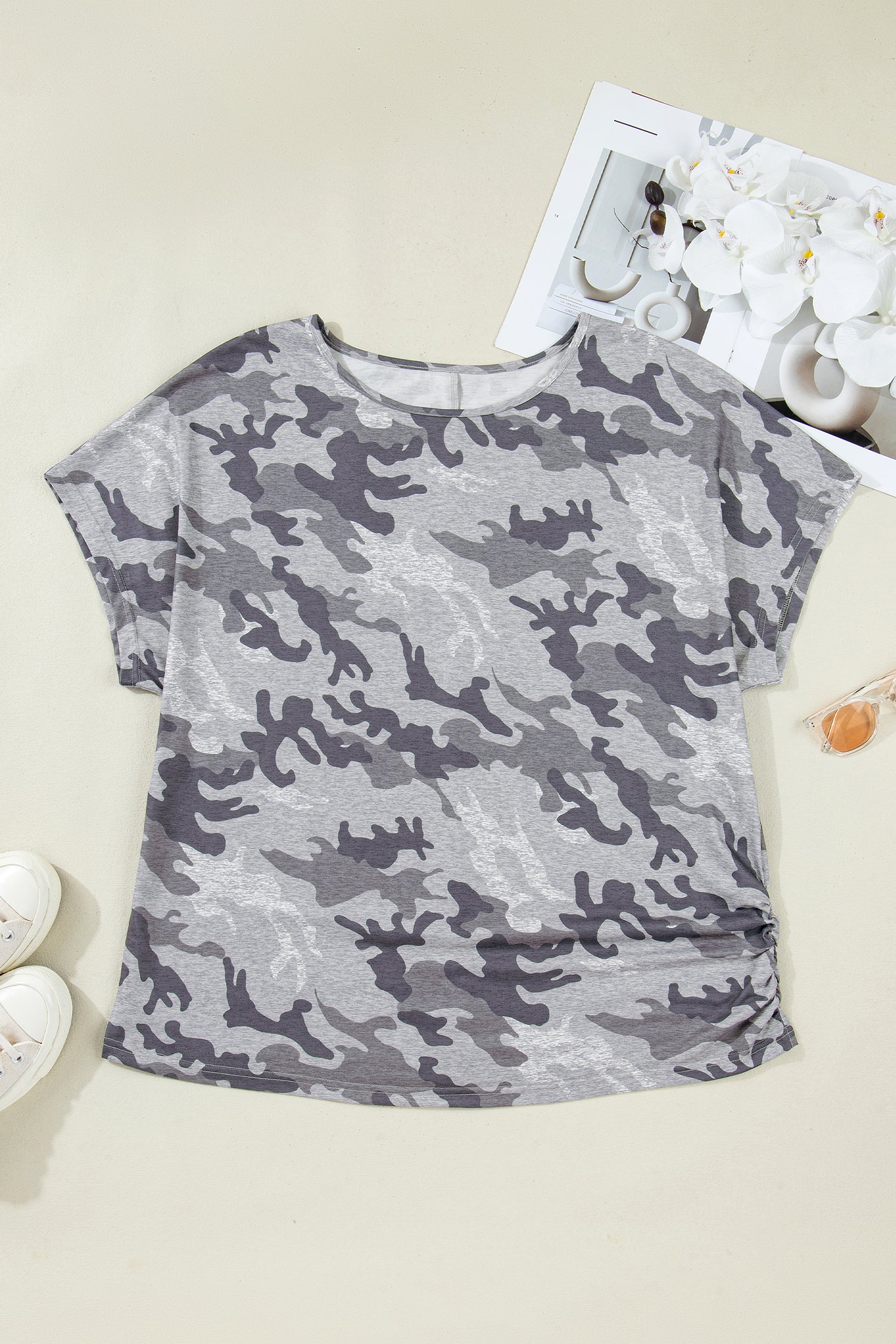 Gray Plus Size Camo Print Casual T Shirt