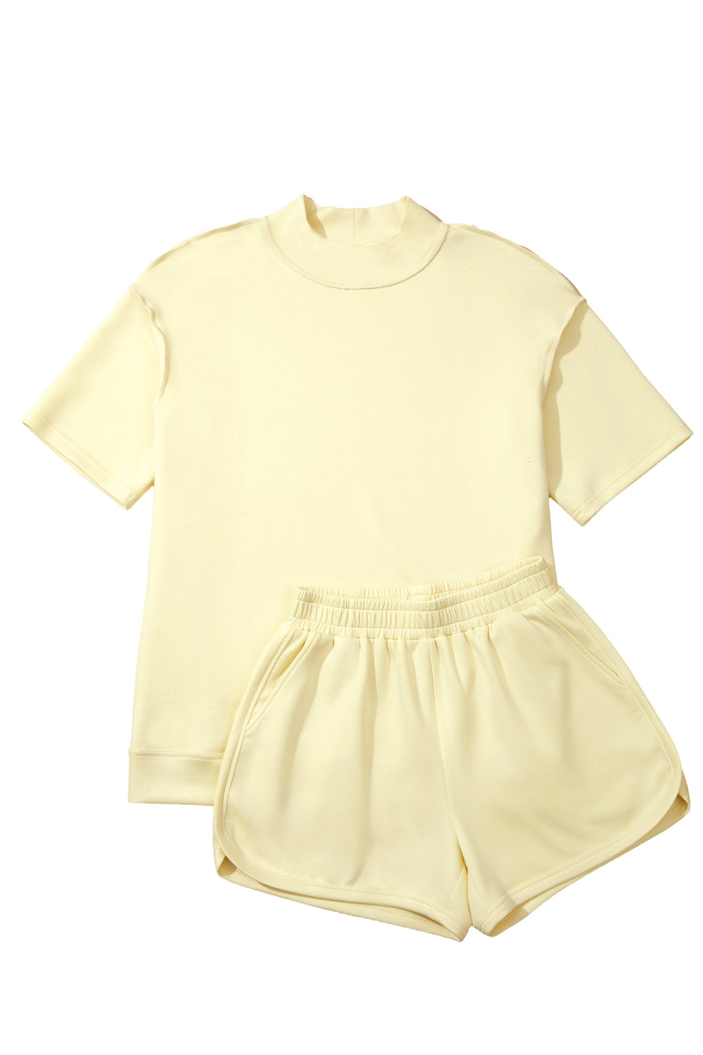 Yellow Cream Solid Color Exposed Seam Mock Neck Oversize Tee Casual Shorts 2pcs Outfit