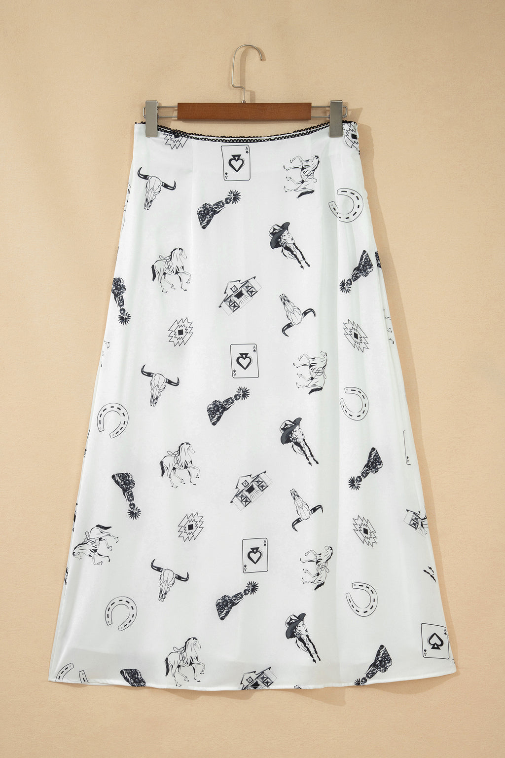 White Western Print Satin Long Skirt