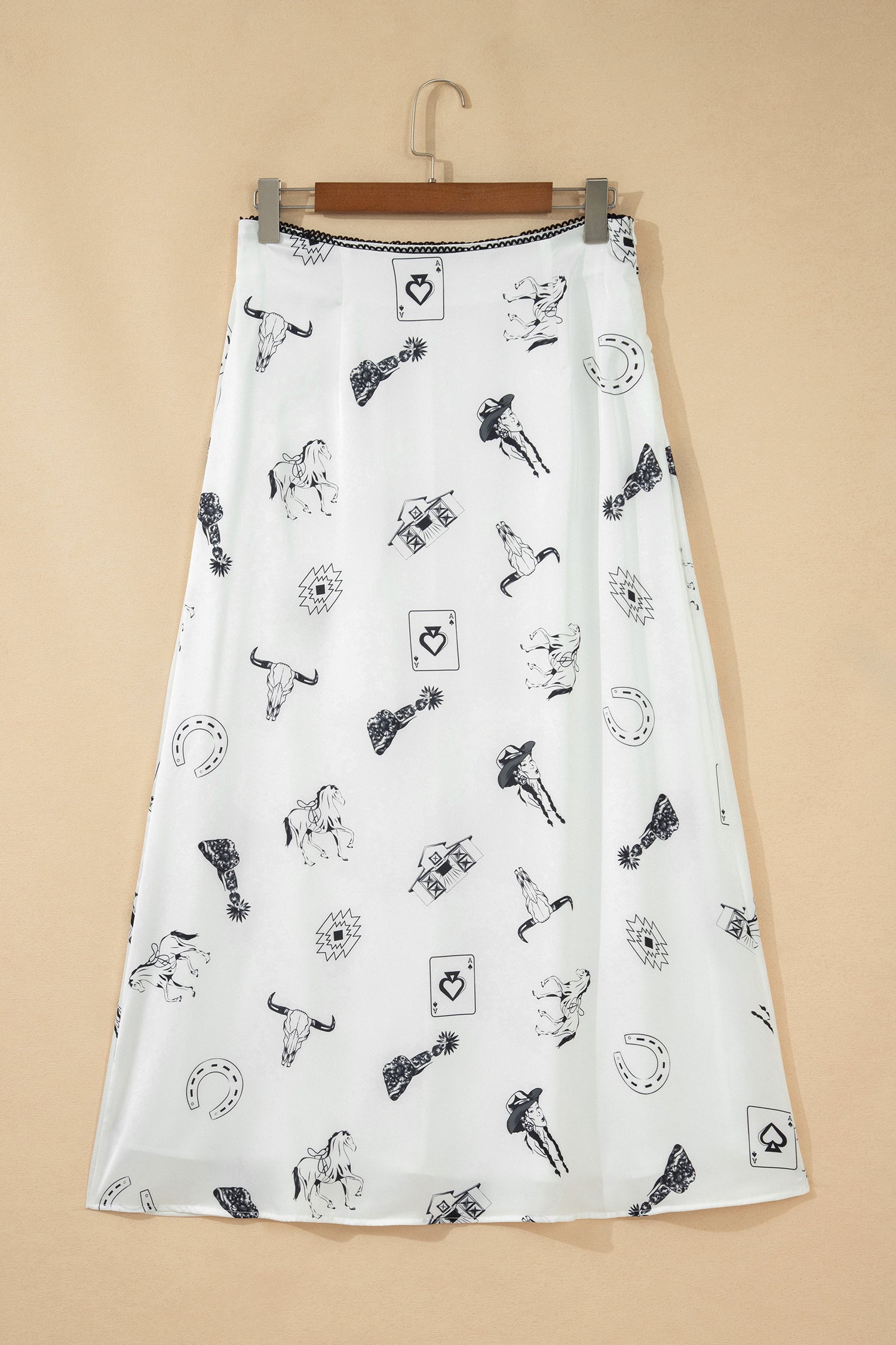 White Western Print Satin Long Skirt