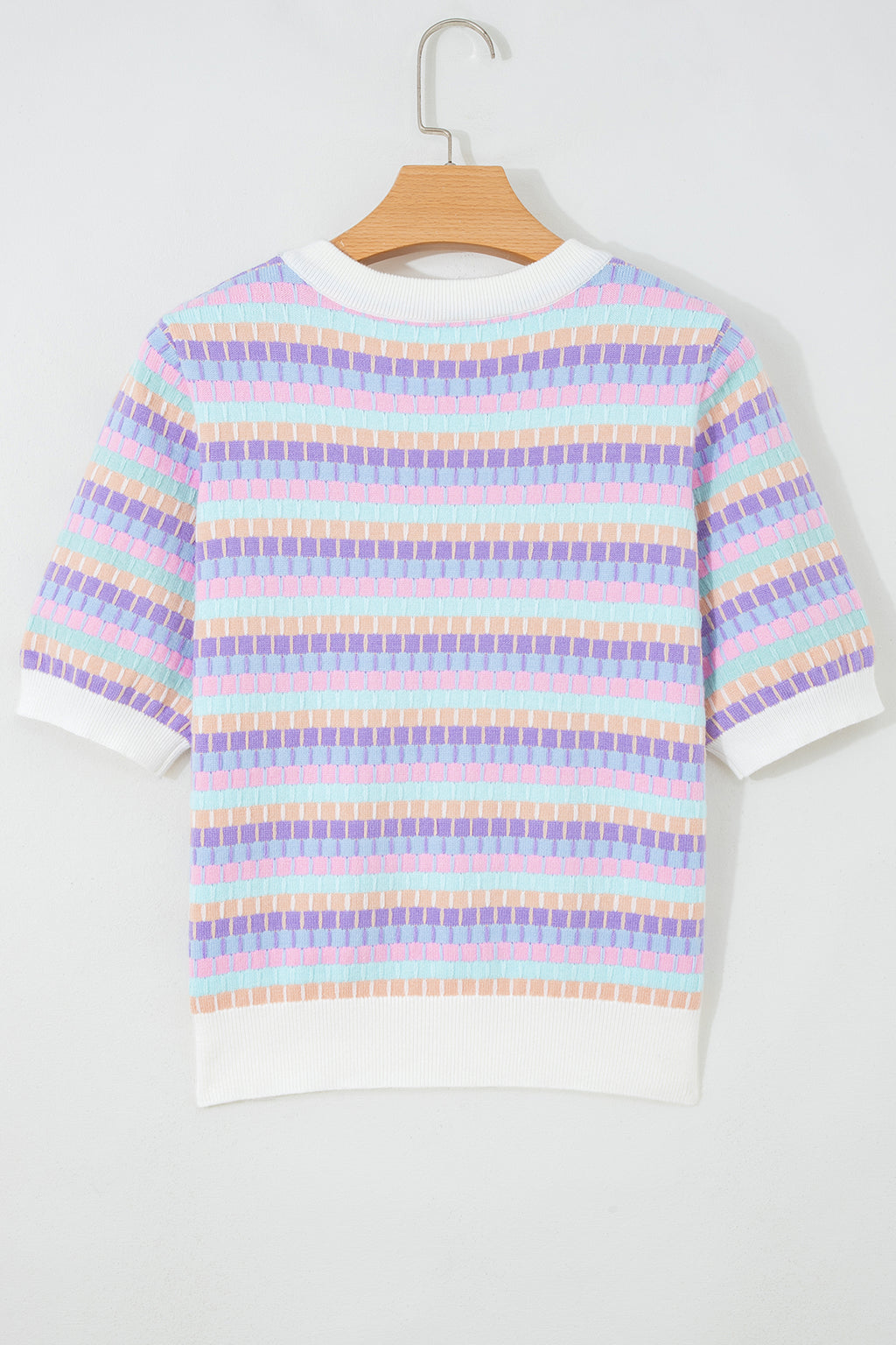 Purple Abstract Striped Knit Short Sleeve Sweater