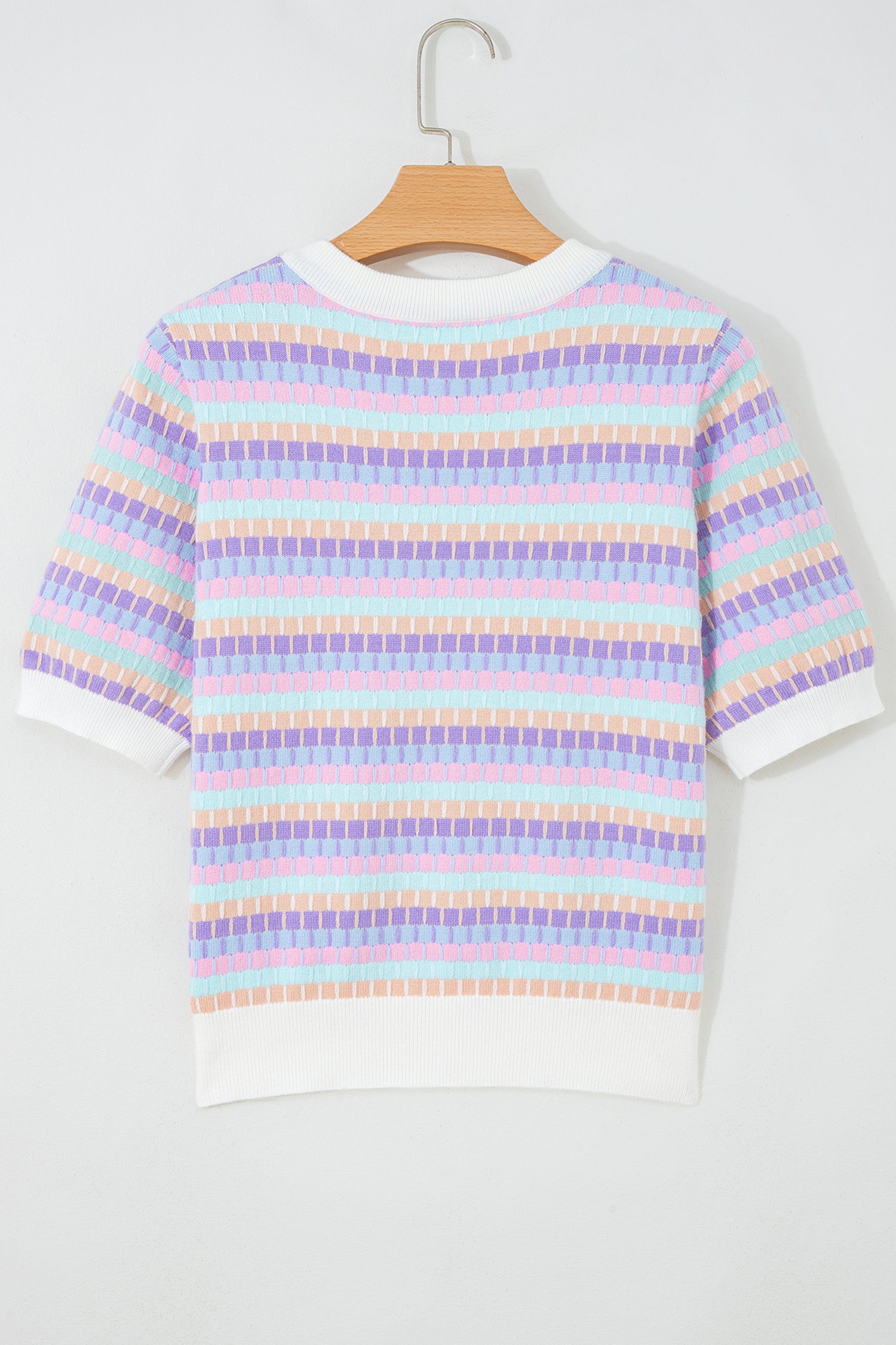 Purple Abstract Striped Knit Short Sleeve Sweater