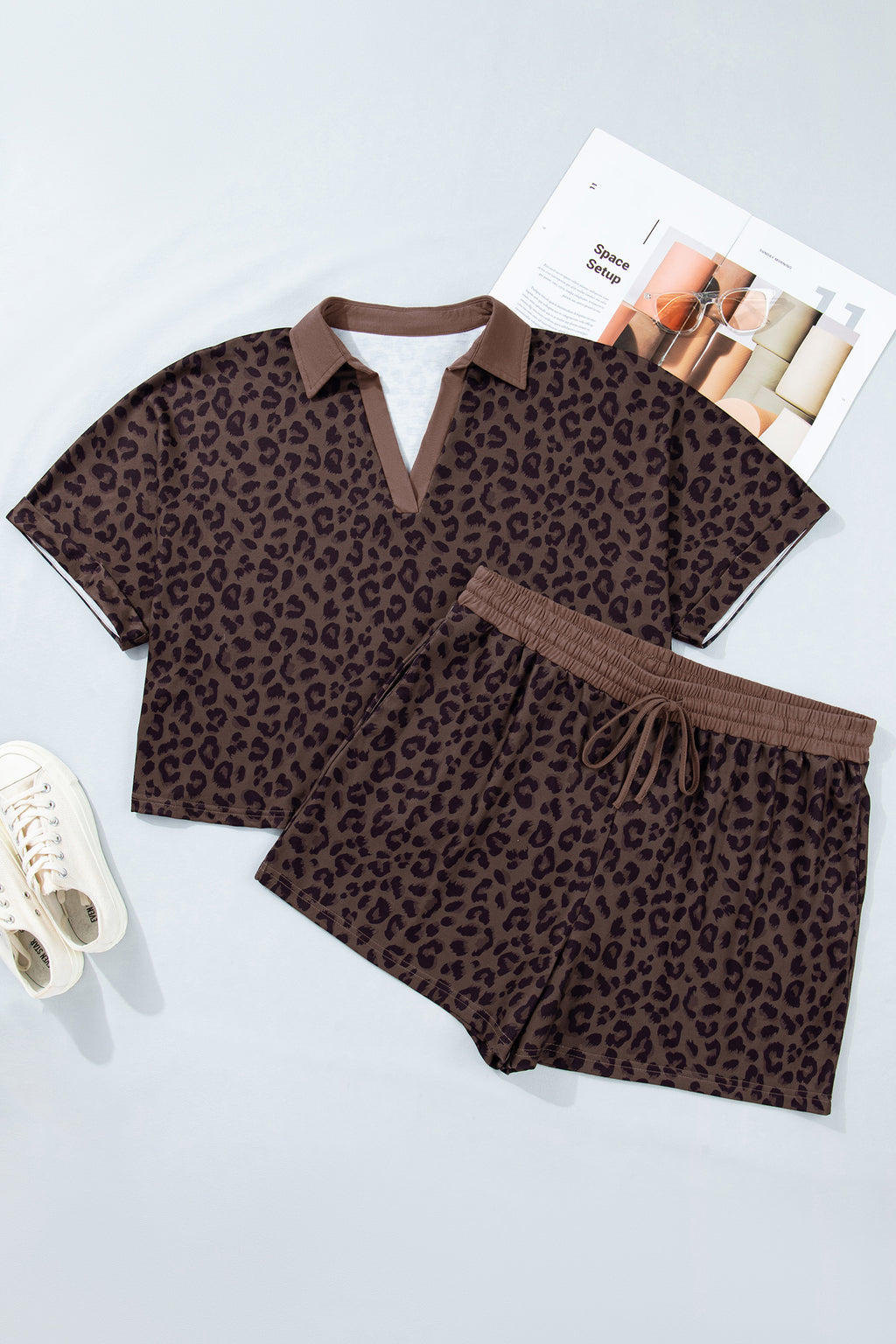 Brown Plus Size Leopard Short Set