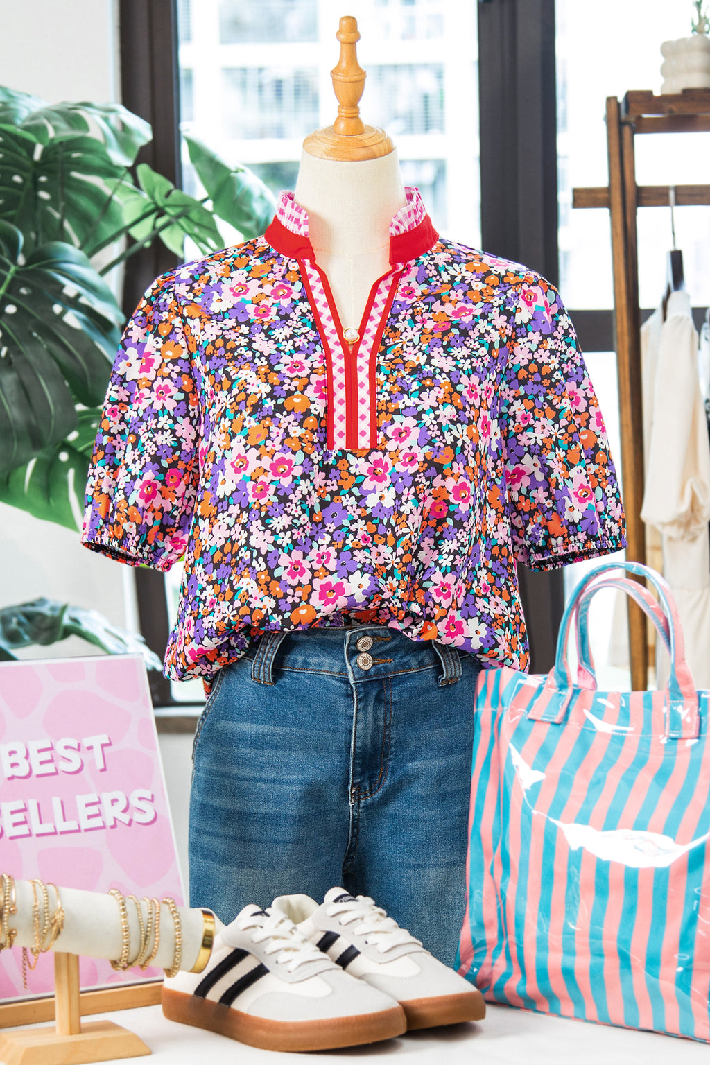 Purple Ditsy Floral Print Plaid Colorblock Trim V Neck Blouse