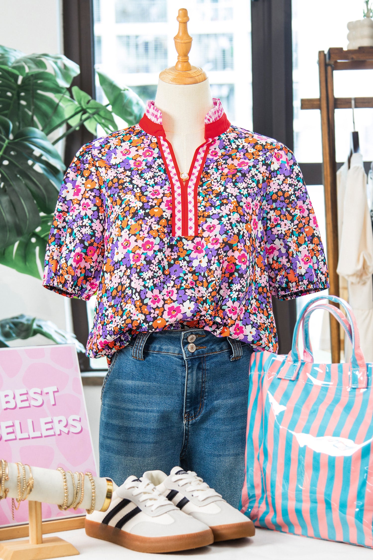 Purple Ditsy Floral Print Plaid Colorblock Trim V Neck Blouse