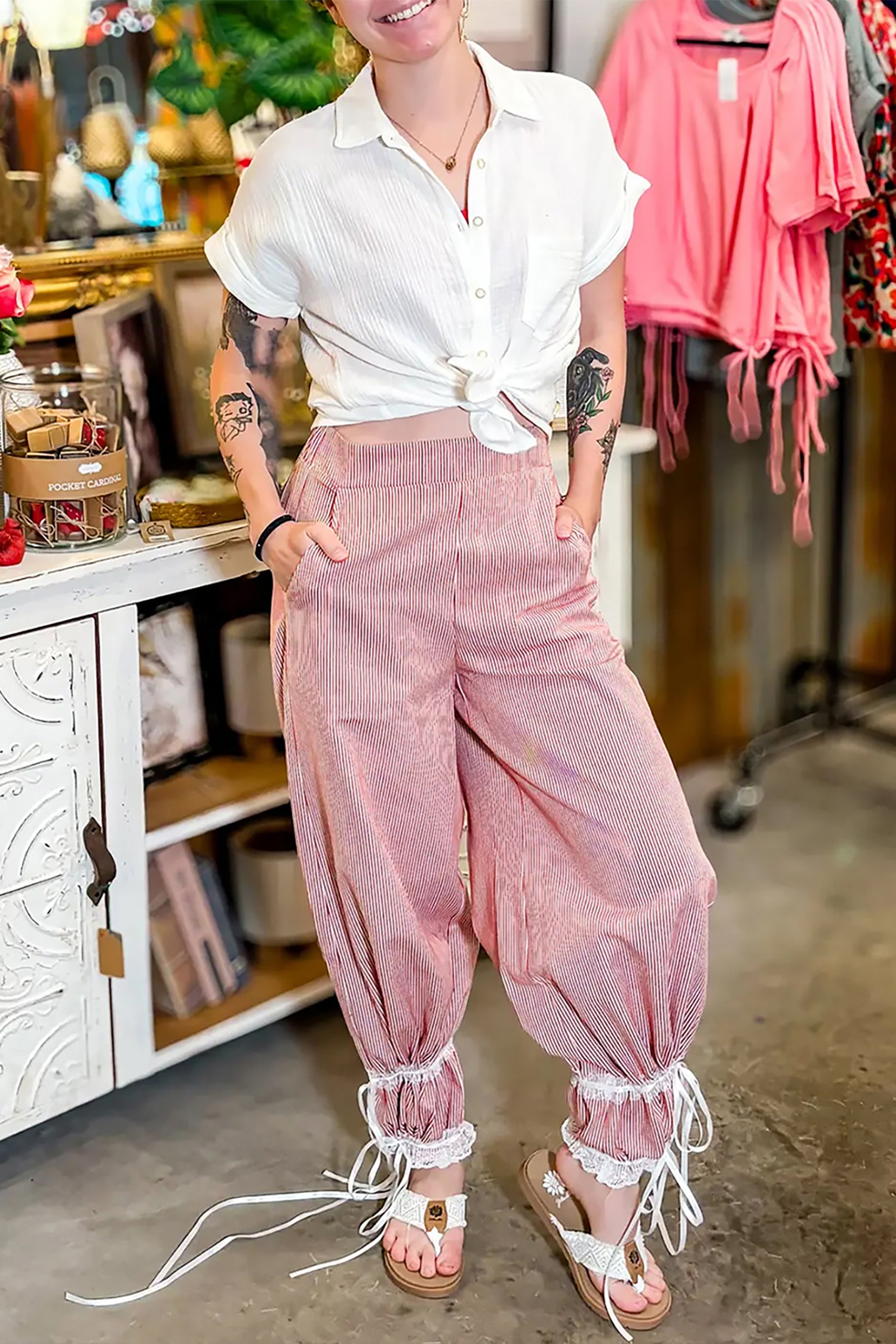 Red Stripe Contrast Lace Ribbon Tie Detail Wide Leg Pants