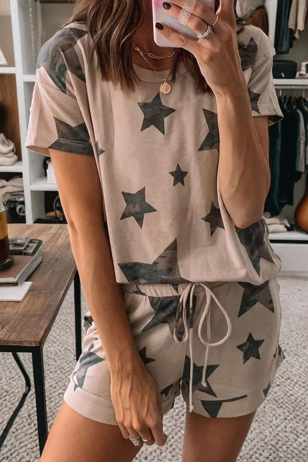 Khaki Camo Star Print Short Lounge Set