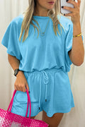 Light Blue Solid Color Puffy Loose Top Drawstring Shorts 2pcs Outfit